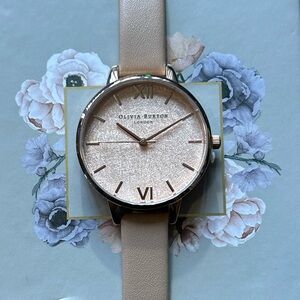 OLIVIA BURTON WATCH WITH 34mm ROSE GOLD WOVEN FACE & BEIGE BAND